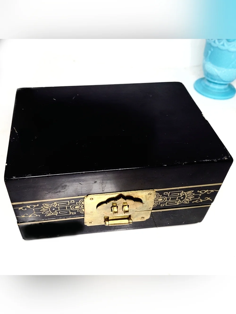 Vintage Black Lacquer Jadeite & Inlay Jewelry Box W/ Brass & Silk